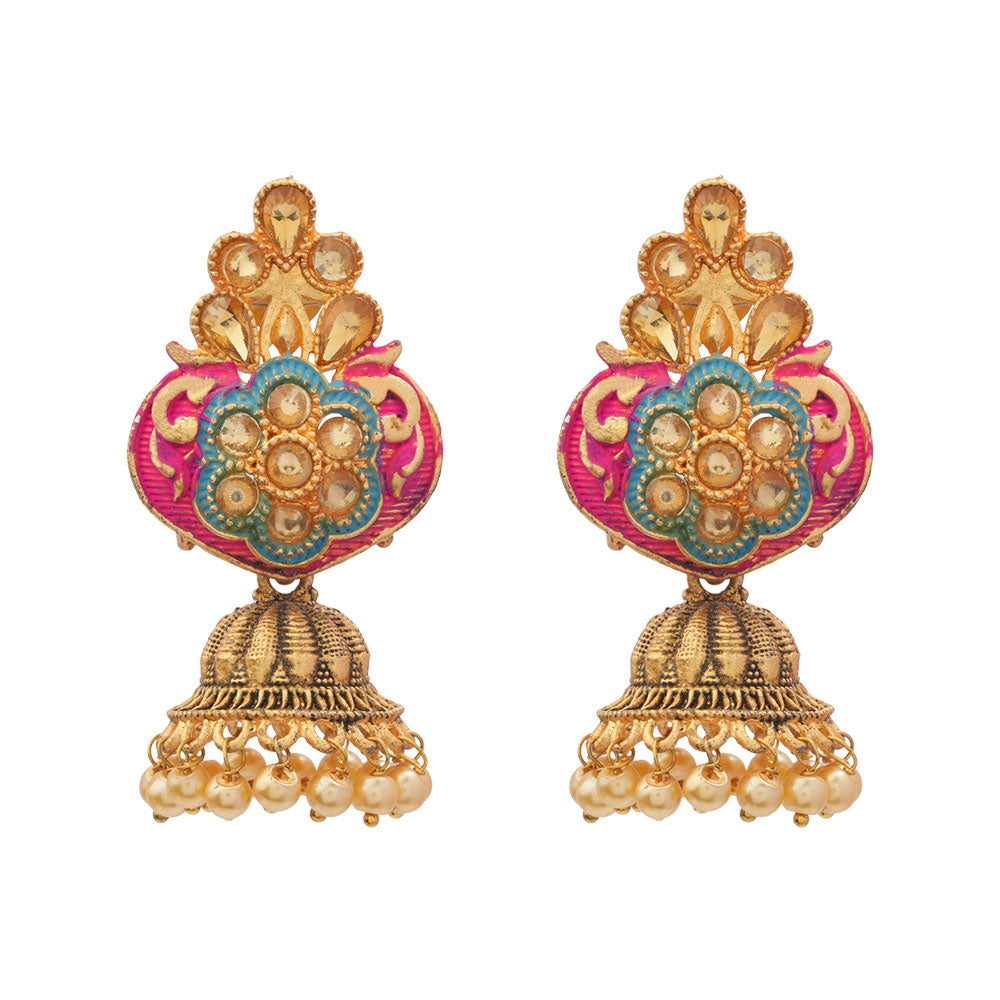 Divya- Stone Studded Hanging Pearl Jhumka Earrings (Red)