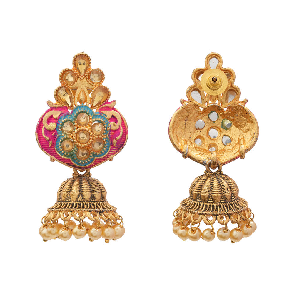 Divya- Stone Studded Hanging Pearl Jhumka Earrings (Red)