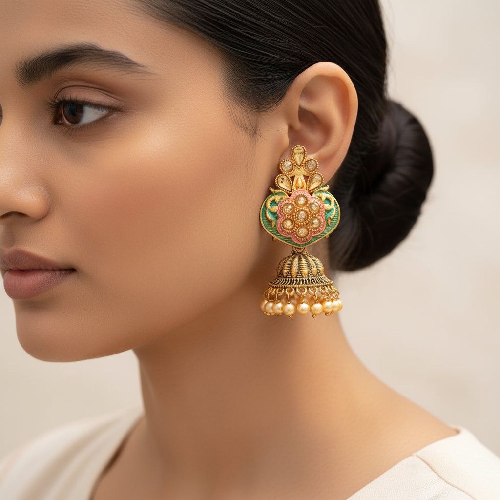 Divya- Stone Studded Hanging Pearl Jhumka Earrings (Green)