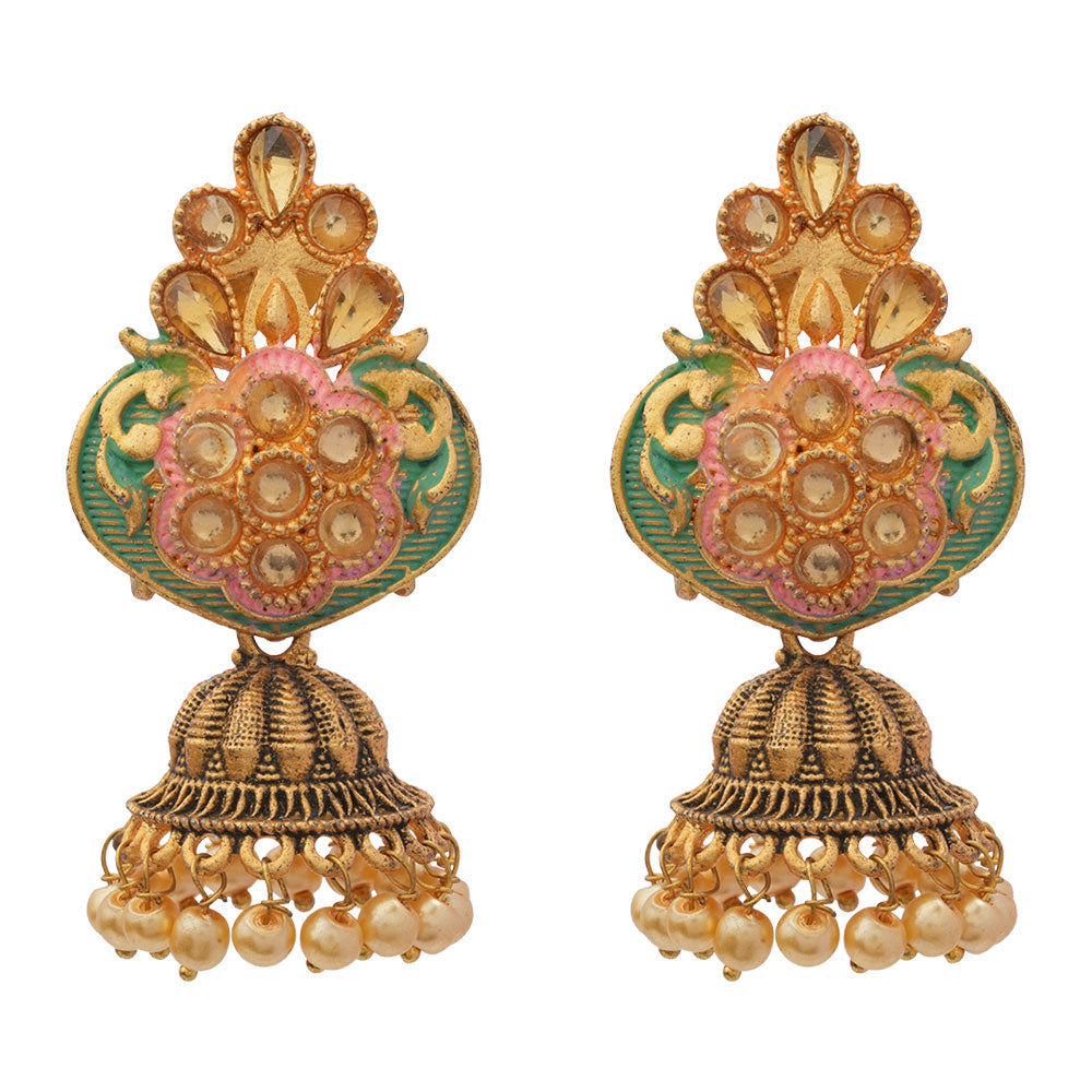 Divya- Stone Studded Hanging Pearl Jhumka Earrings (Green)
