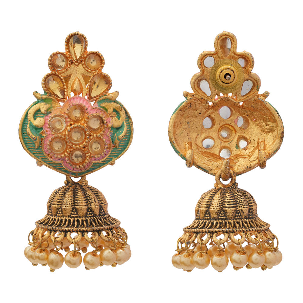 Divya- Stone Studded Hanging Pearl Jhumka Earrings (Green)