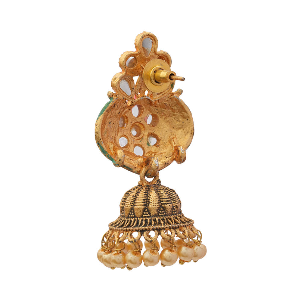 Divya- Stone Studded Hanging Pearl Jhumka Earrings (Green)