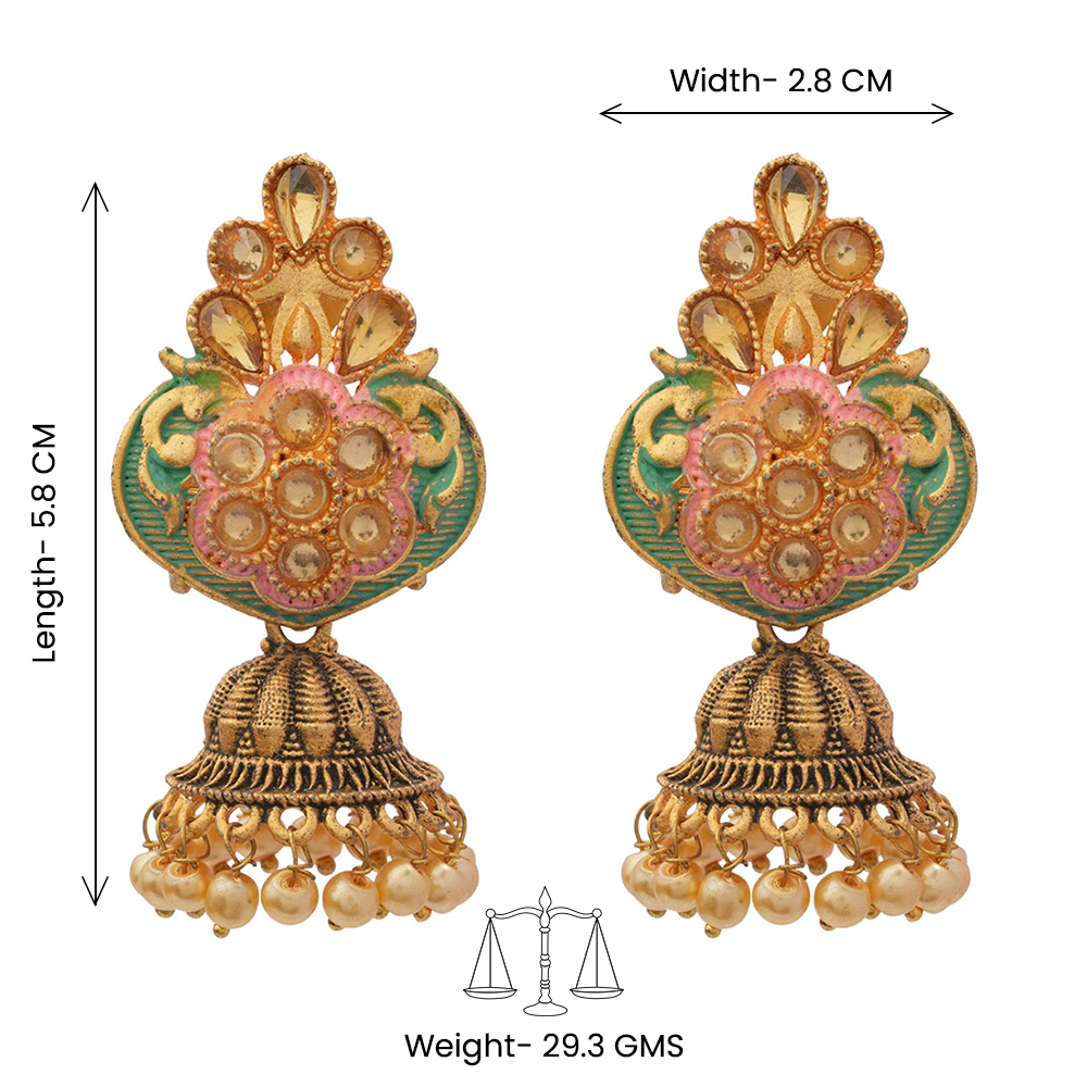 Divya- Stone Studded Hanging Pearl Jhumka Earrings (Green)