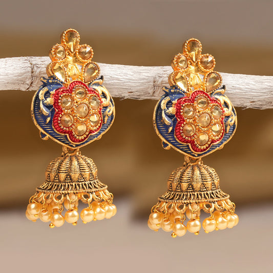 Divya- Stone Studded Hanging Pearl Jhumka Earrings (Blue)