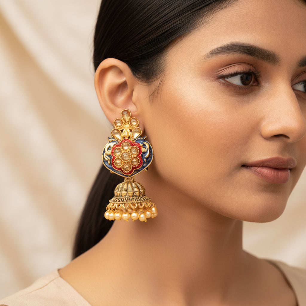 Divya- Stone Studded Hanging Pearl Jhumka Earrings (Blue)