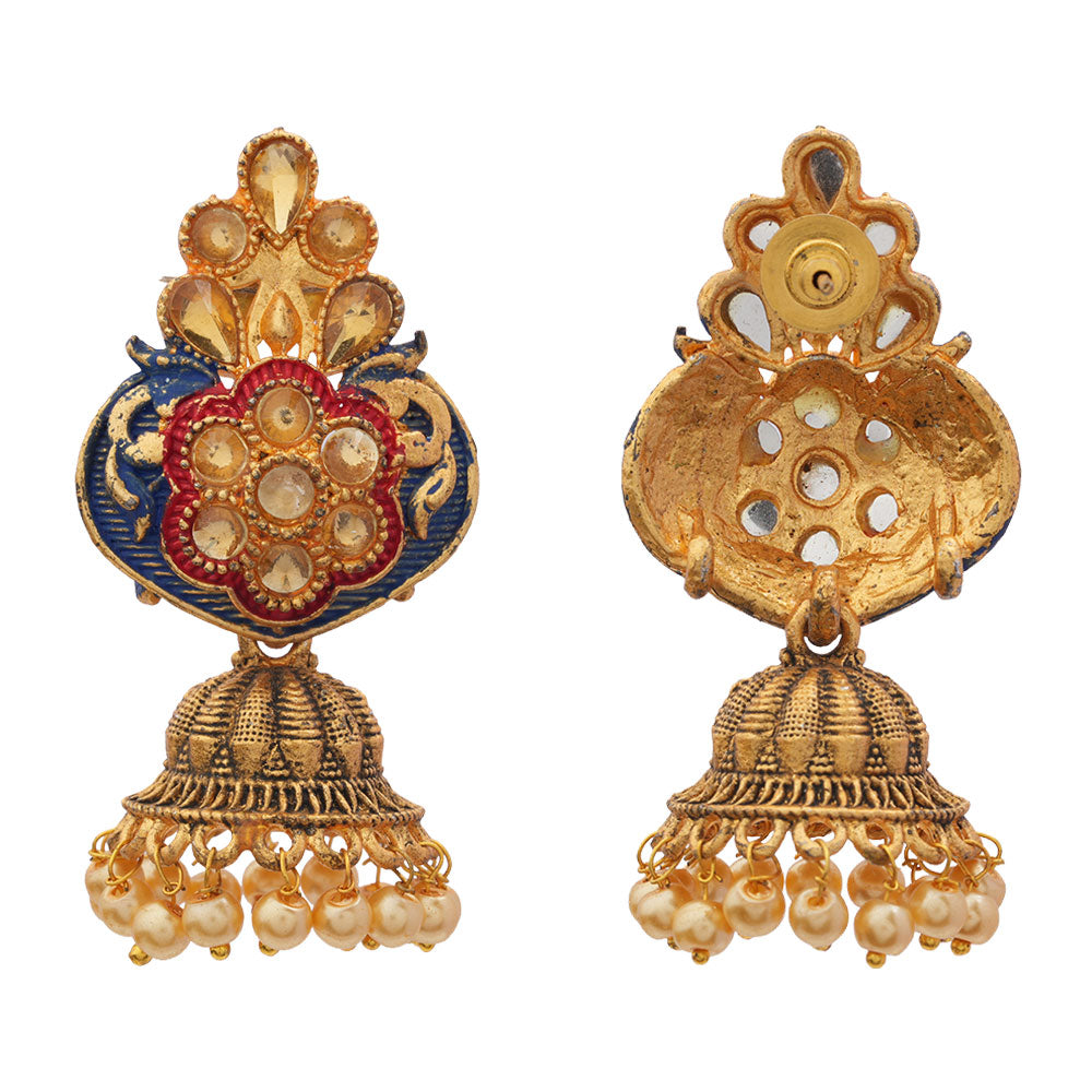 Divya- Stone Studded Hanging Pearl Jhumka Earrings (Blue)