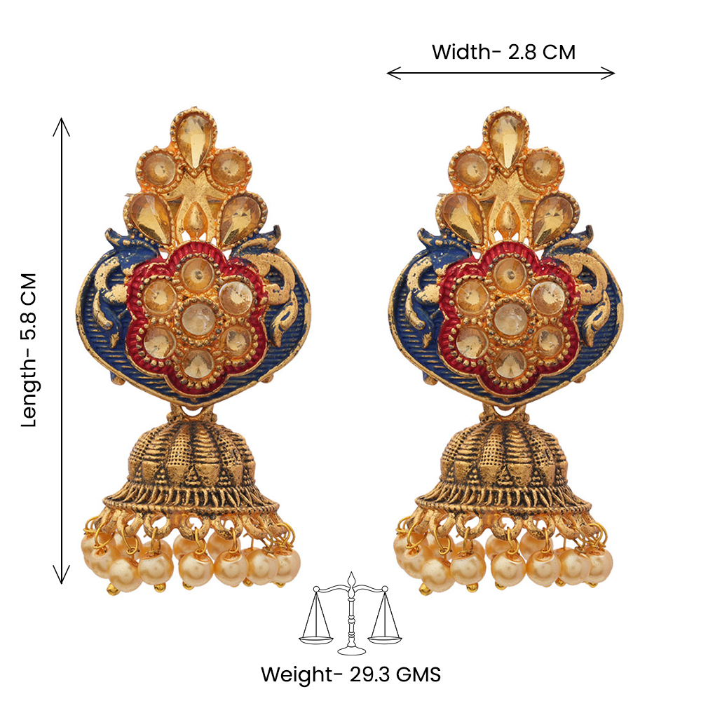 Divya- Stone Studded Hanging Pearl Jhumka Earrings (Blue)