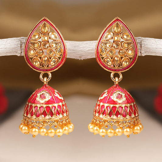 Dyuti- Stone Studded Hanging Pearl Jhumka Earrings (Red)