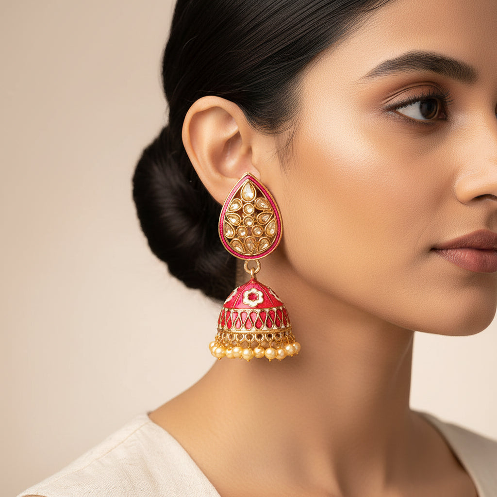 Dyuti- Stone Studded Hanging Pearl Jhumka Earrings (Red)