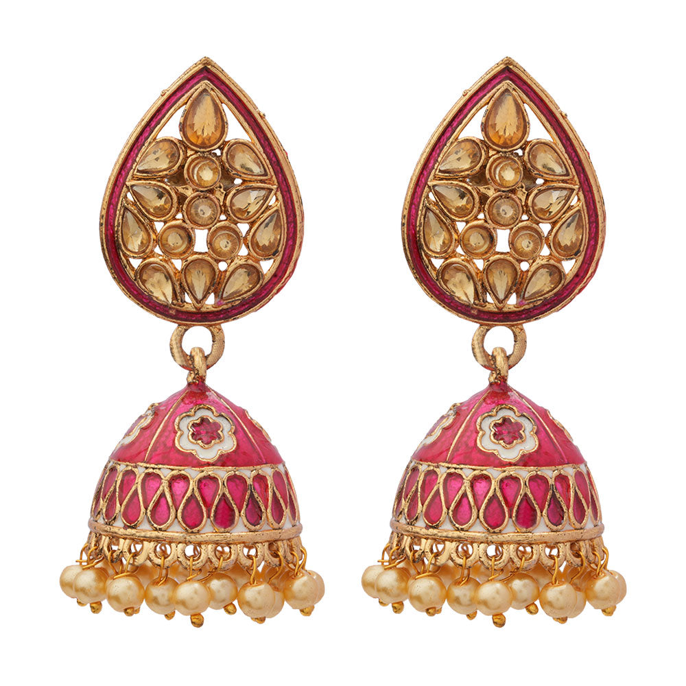 Dyuti- Stone Studded Hanging Pearl Jhumka Earrings (Red)