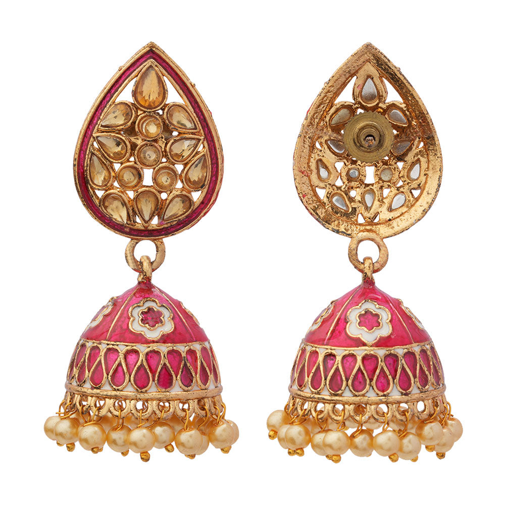 Dyuti- Stone Studded Hanging Pearl Jhumka Earrings (Red)