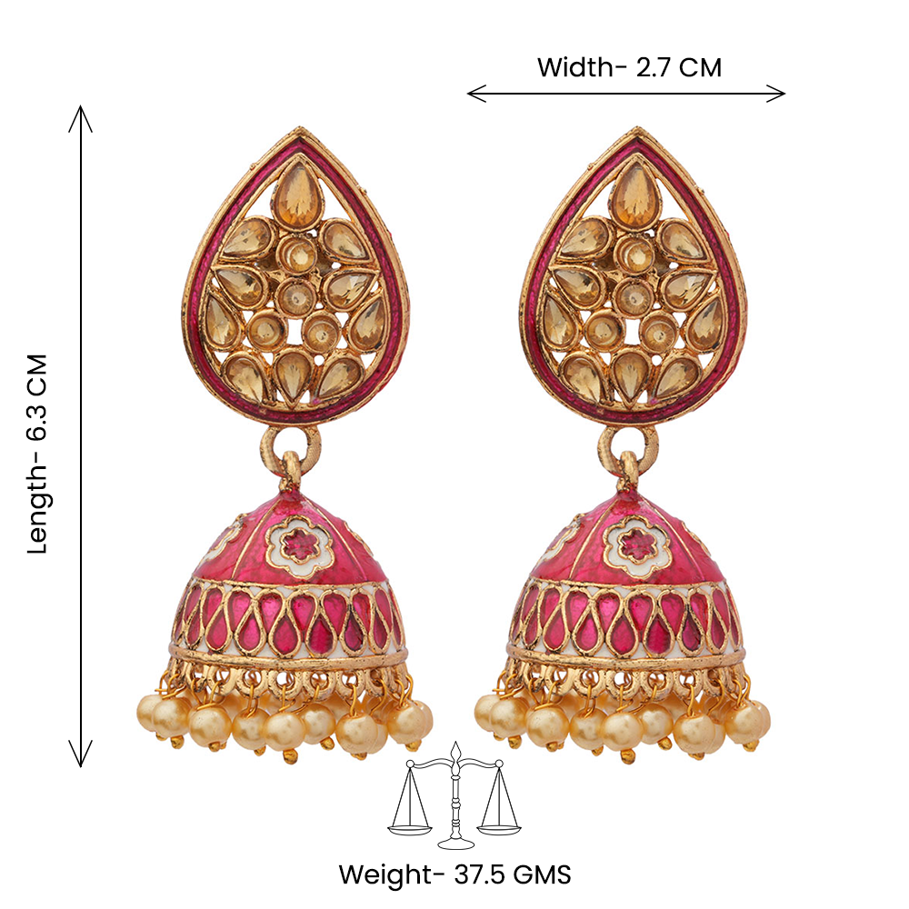 Dyuti- Stone Studded Hanging Pearl Jhumka Earrings (Red)