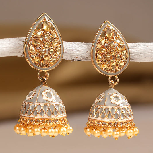 Dyuti- Stone Studded Hanging Pearl Jhumka Earrings (Gray)