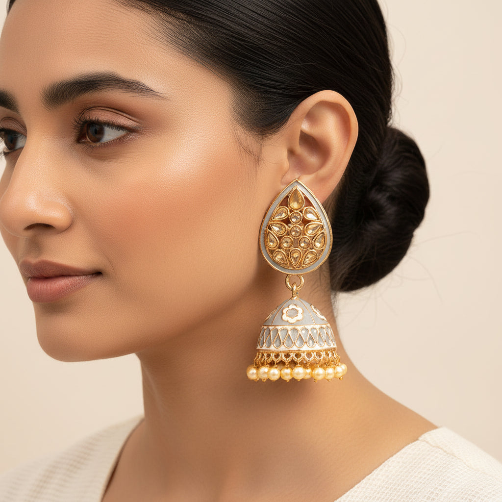Dyuti- Stone Studded Hanging Pearl Jhumka Earrings (Gray)