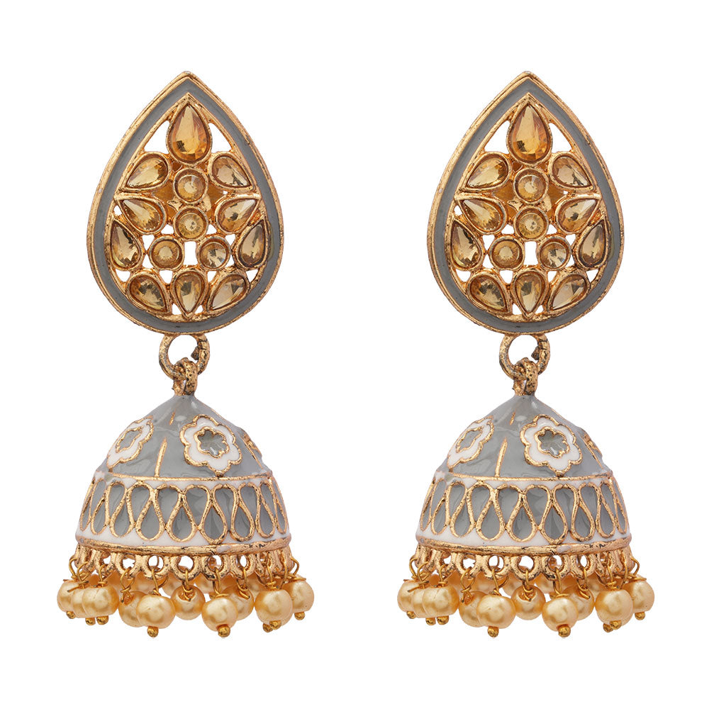 Dyuti- Stone Studded Hanging Pearl Jhumka Earrings (Gray)
