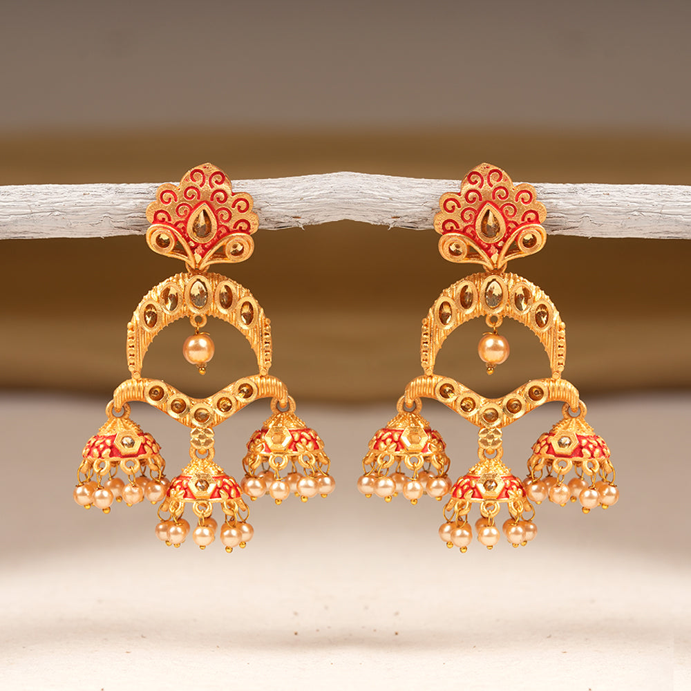 Hamsika- Stone Studded Hanging Pearl Dangler Earrings(Red)