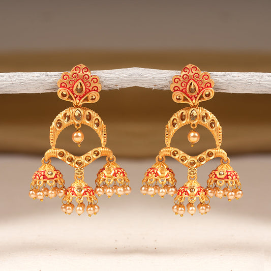 Hamsika- Stone Studded Hanging Pearl Dangler Earrings(Red)