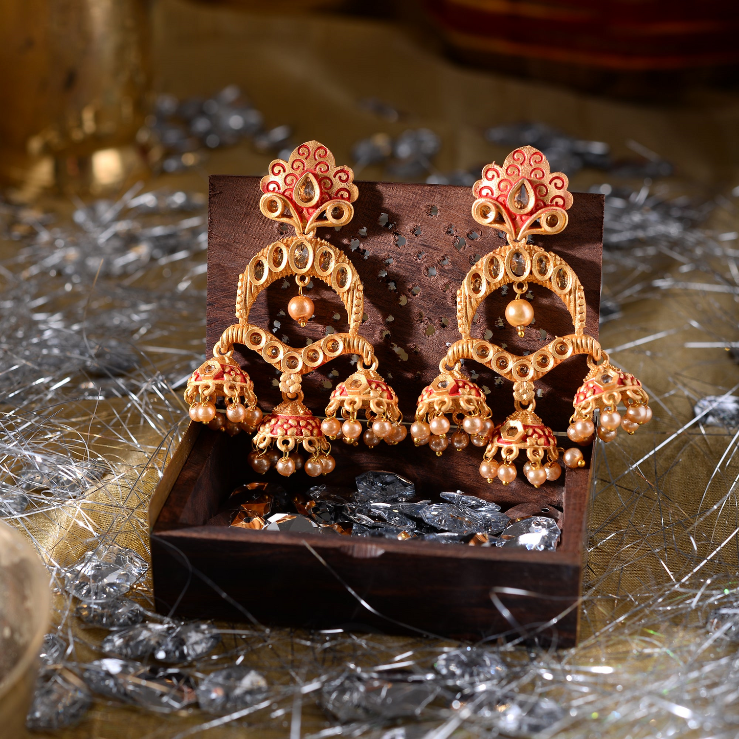 Hamsika- Stone Studded Hanging Pearl Dangler Earrings(Red)