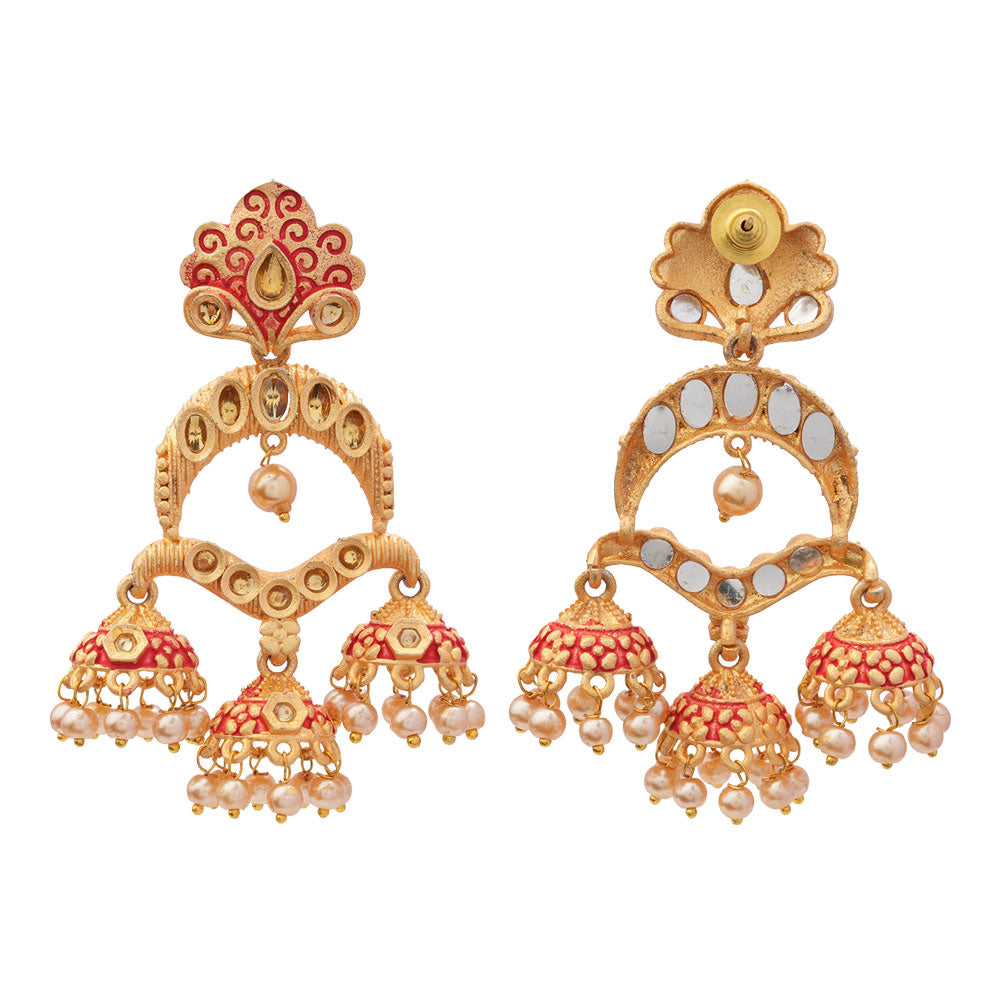 Hamsika- Stone Studded Hanging Pearl Dangler Earrings(Red)