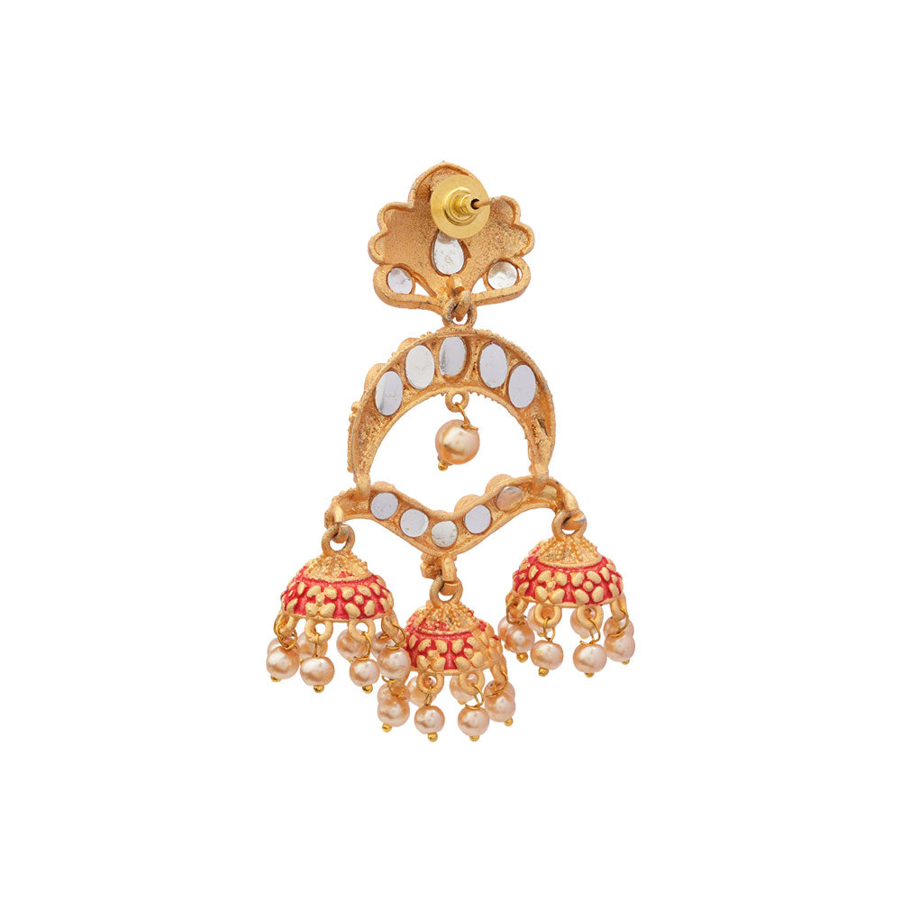 Hamsika- Stone Studded Hanging Pearl Dangler Earrings(Red)