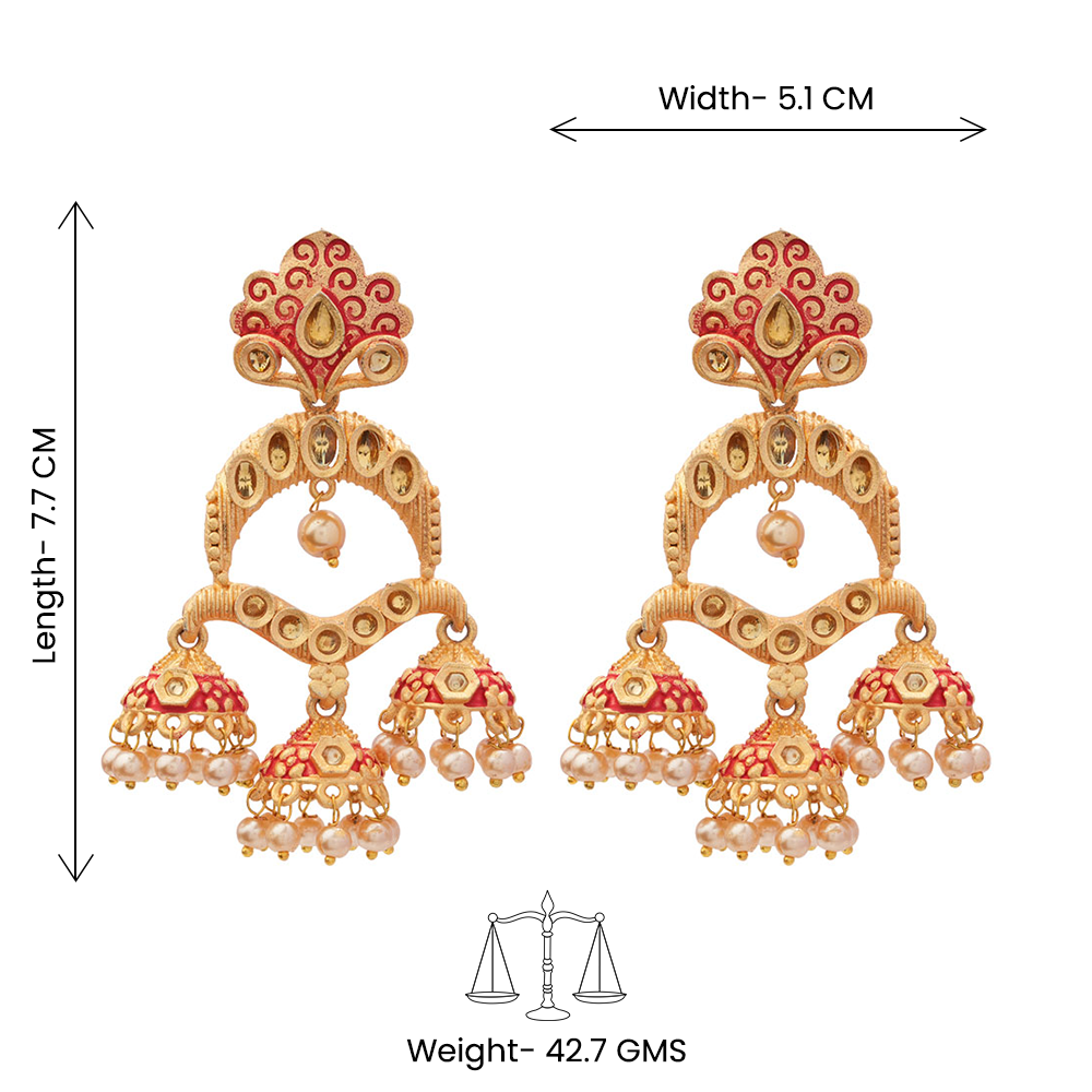 Hamsika- Stone Studded Hanging Pearl Dangler Earrings(Red)