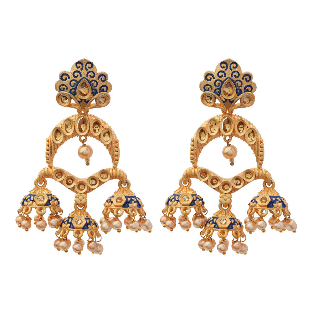 Hamsika- Stone Studded Hanging Pearl Dangler Earrings(Blue)