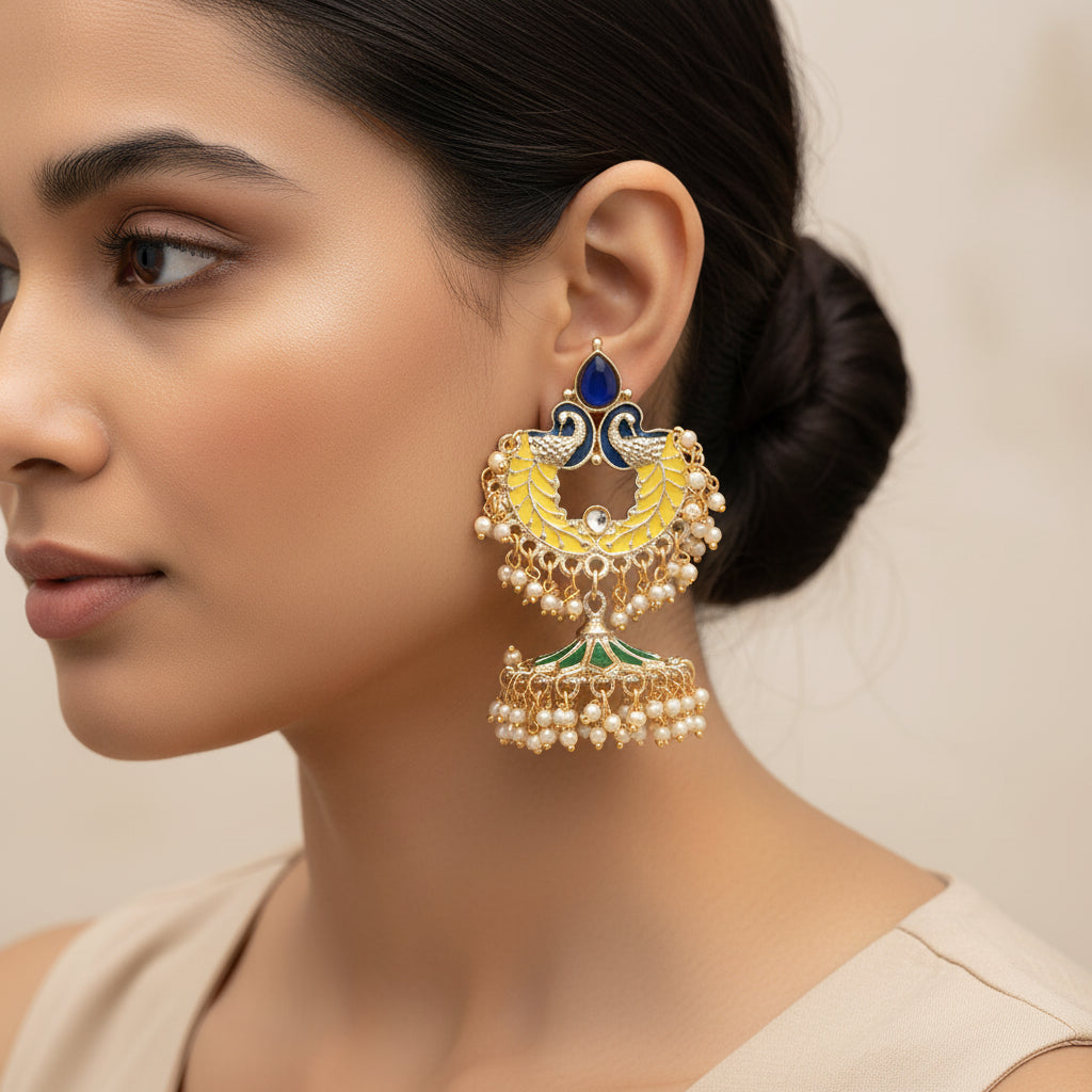 Hansini- Stone Studded Hanging Pearl Dangler Earrings(Multicolored)