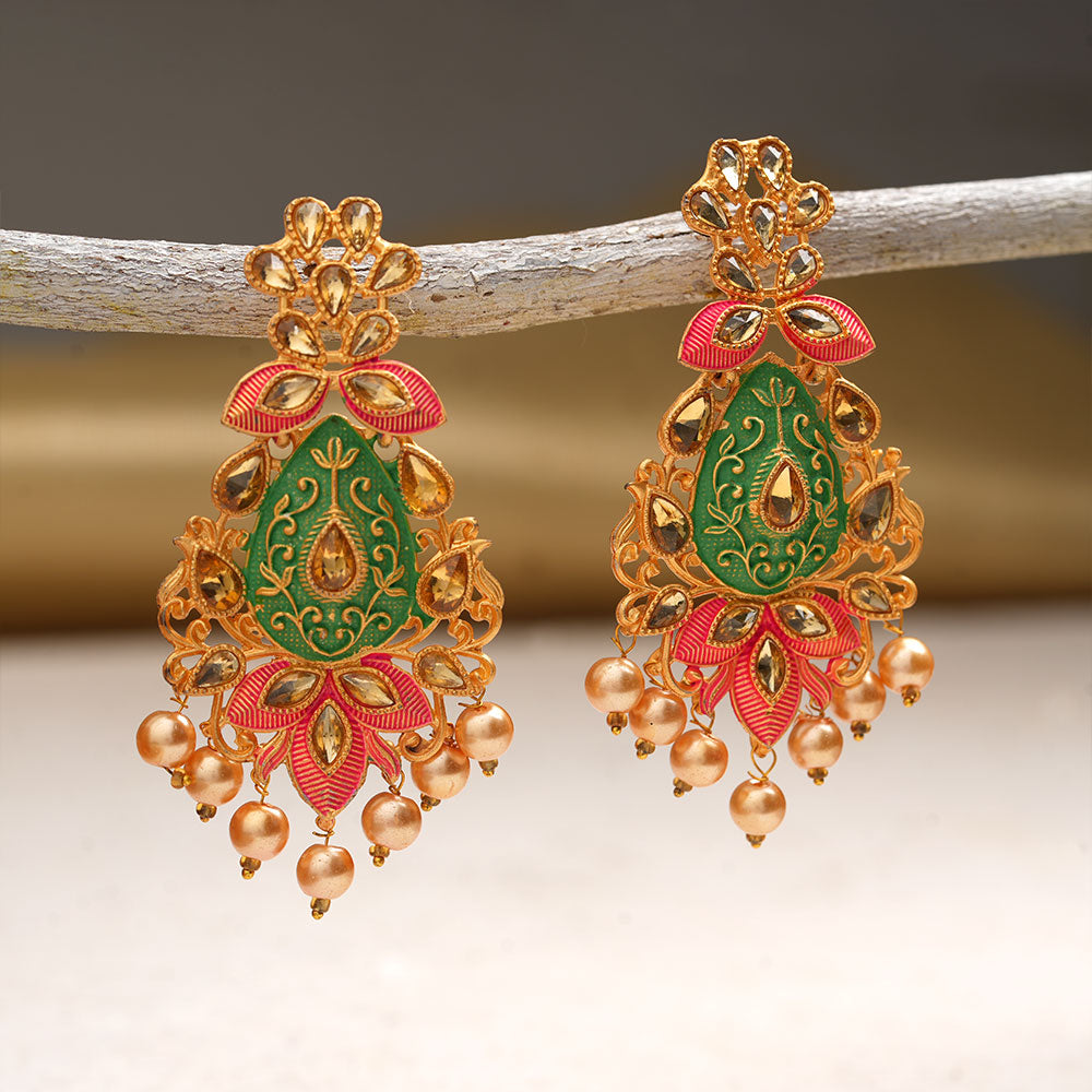 Harini- Stone Studded Hanging Pearl Dangler Earrings(Multicolored)