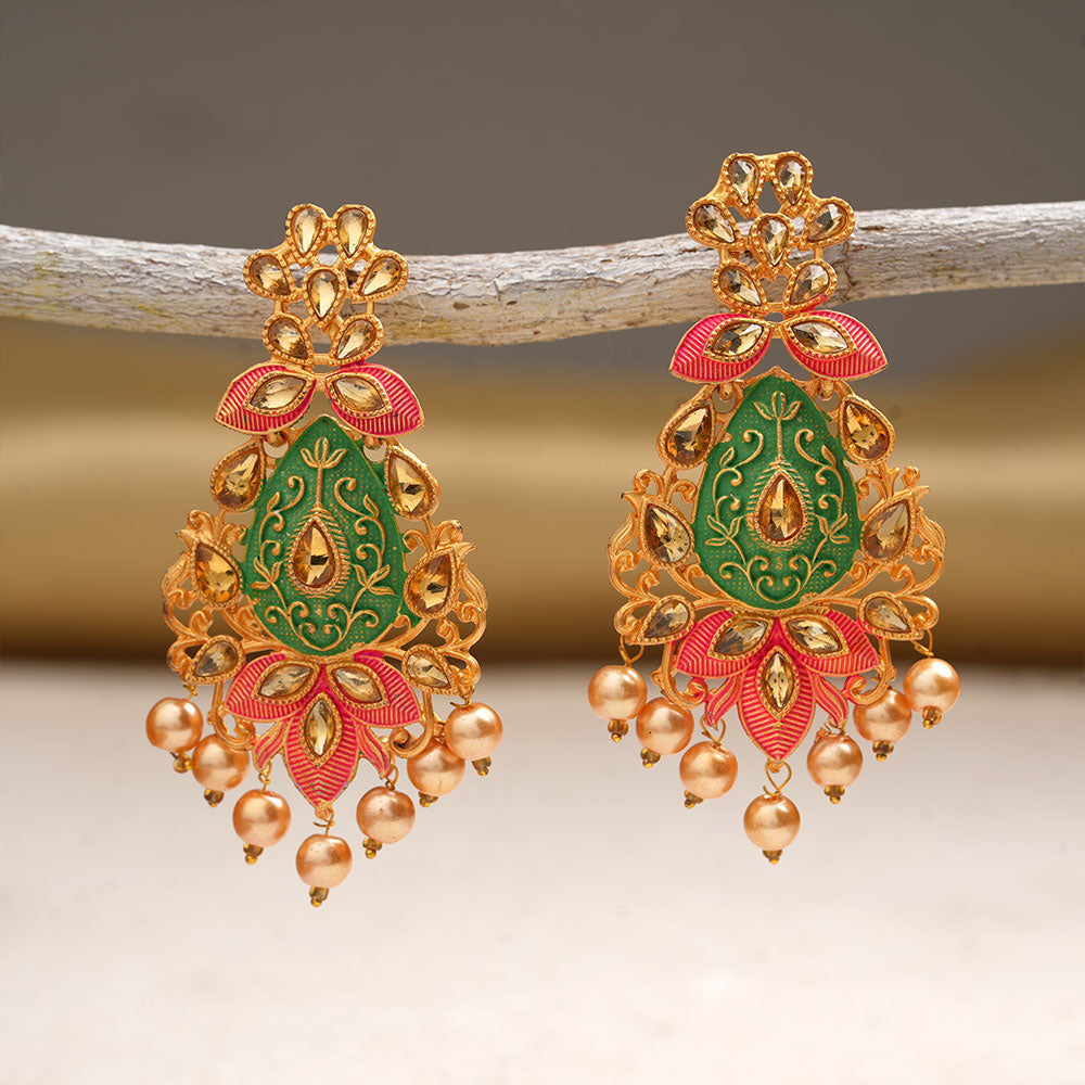 Harini- Stone Studded Hanging Pearl Dangler Earrings(Multicolored)