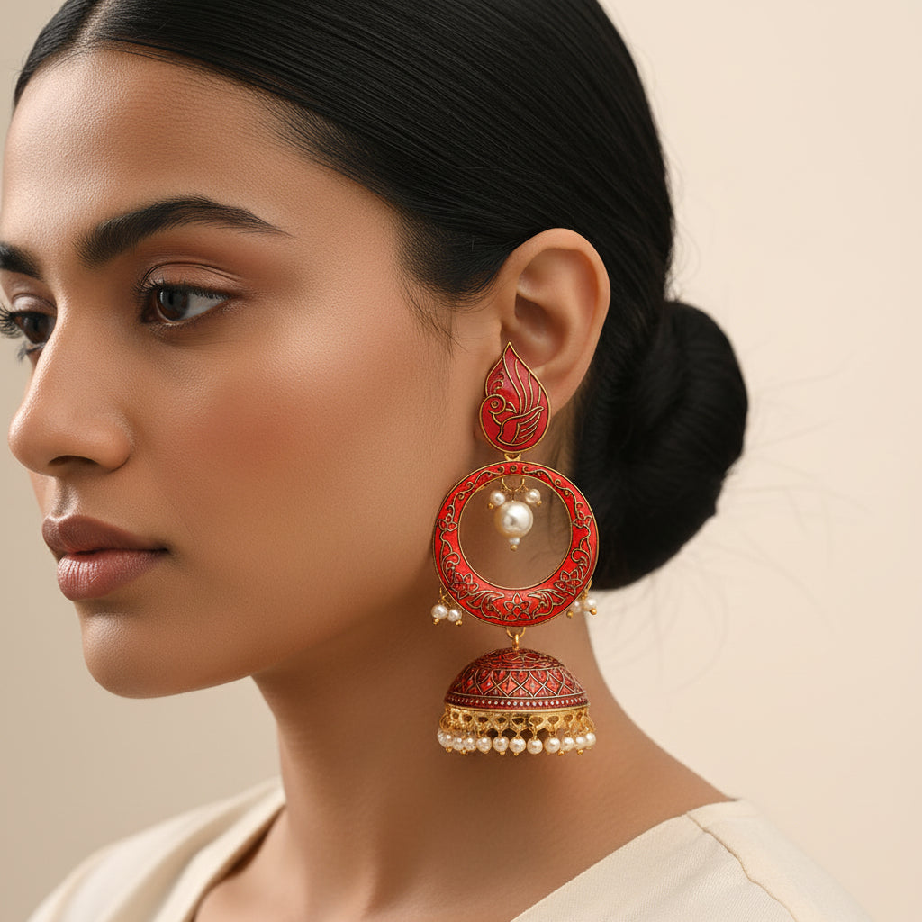 Heer- Stone Studded Hanging Pearl Jhumka Earrings (Red)