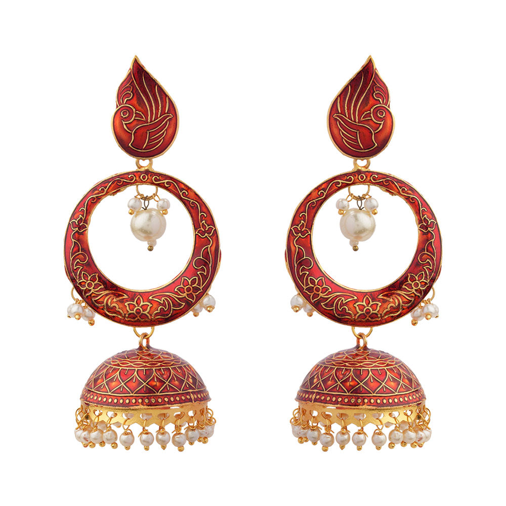 Heer- Stone Studded Hanging Pearl Jhumka Earrings (Red)