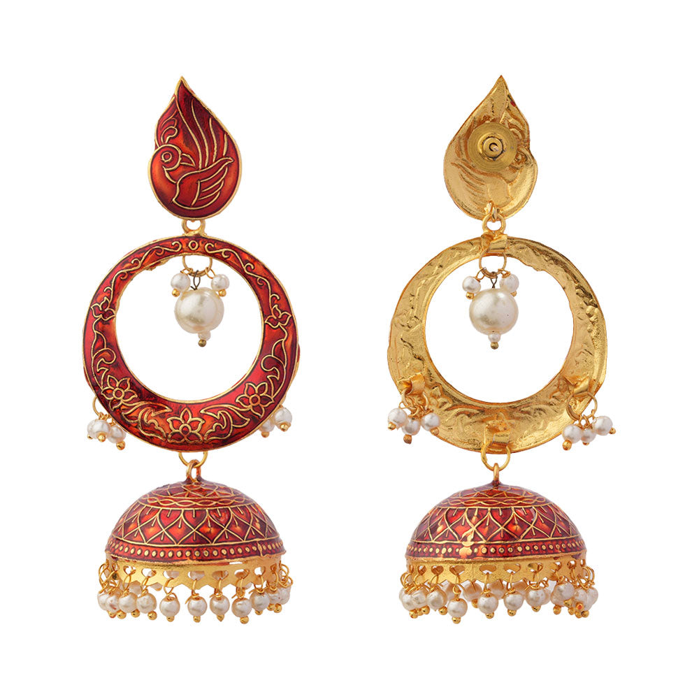 Heer- Stone Studded Hanging Pearl Jhumka Earrings (Red)