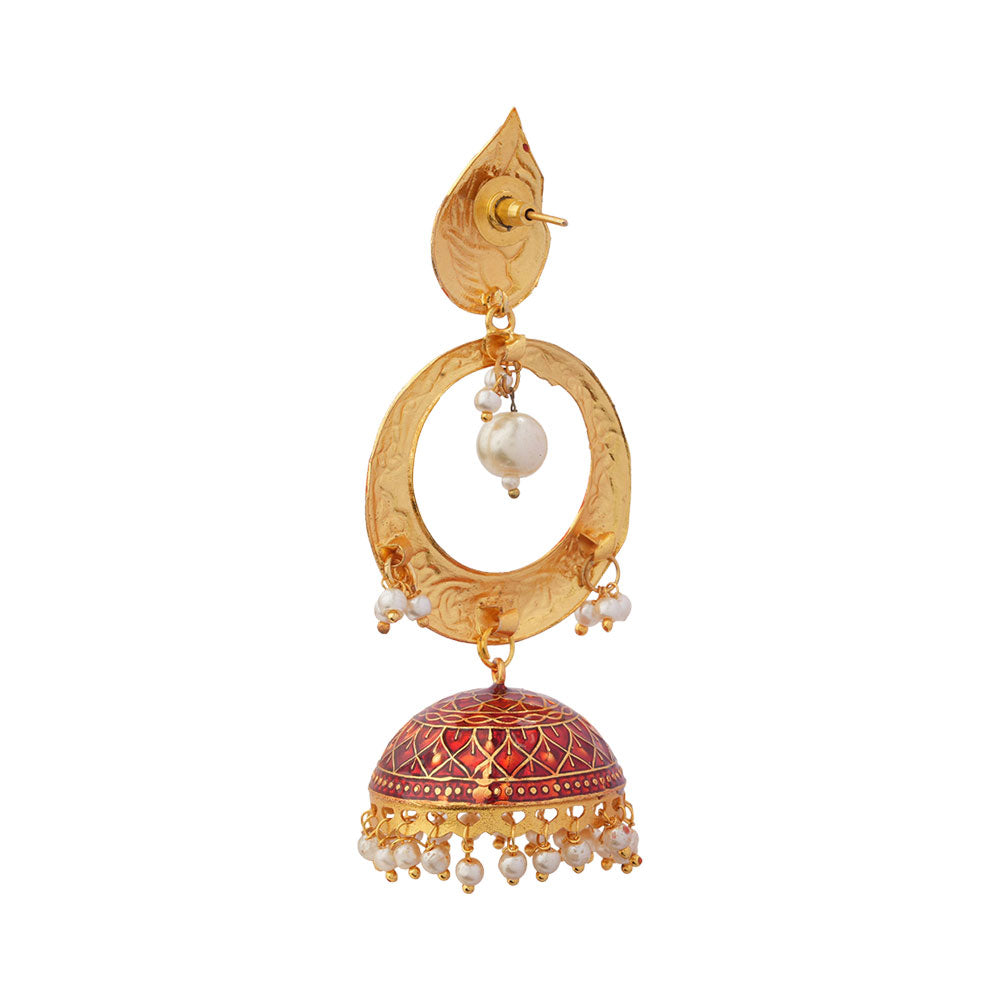 Heer- Stone Studded Hanging Pearl Jhumka Earrings (Red)