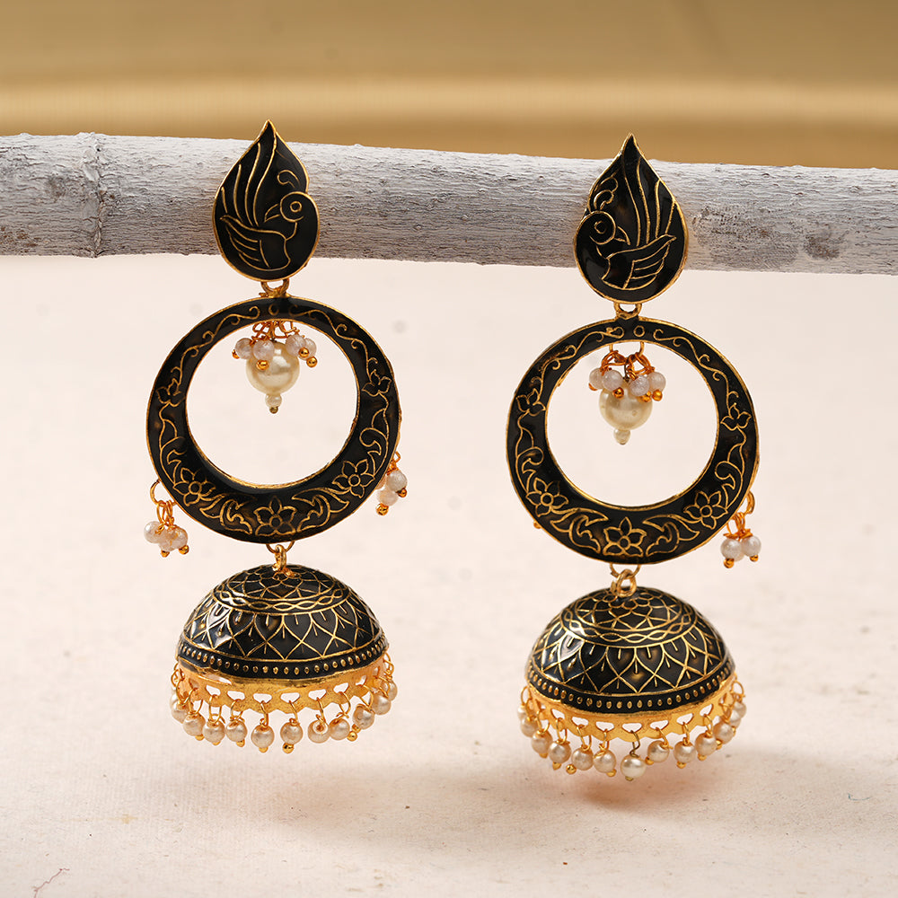 Heer- Stone Studded Hanging Pearl Jhumka Earrings (Black)