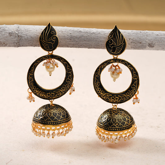 Heer- Stone Studded Hanging Pearl Jhumka Earrings (Black)