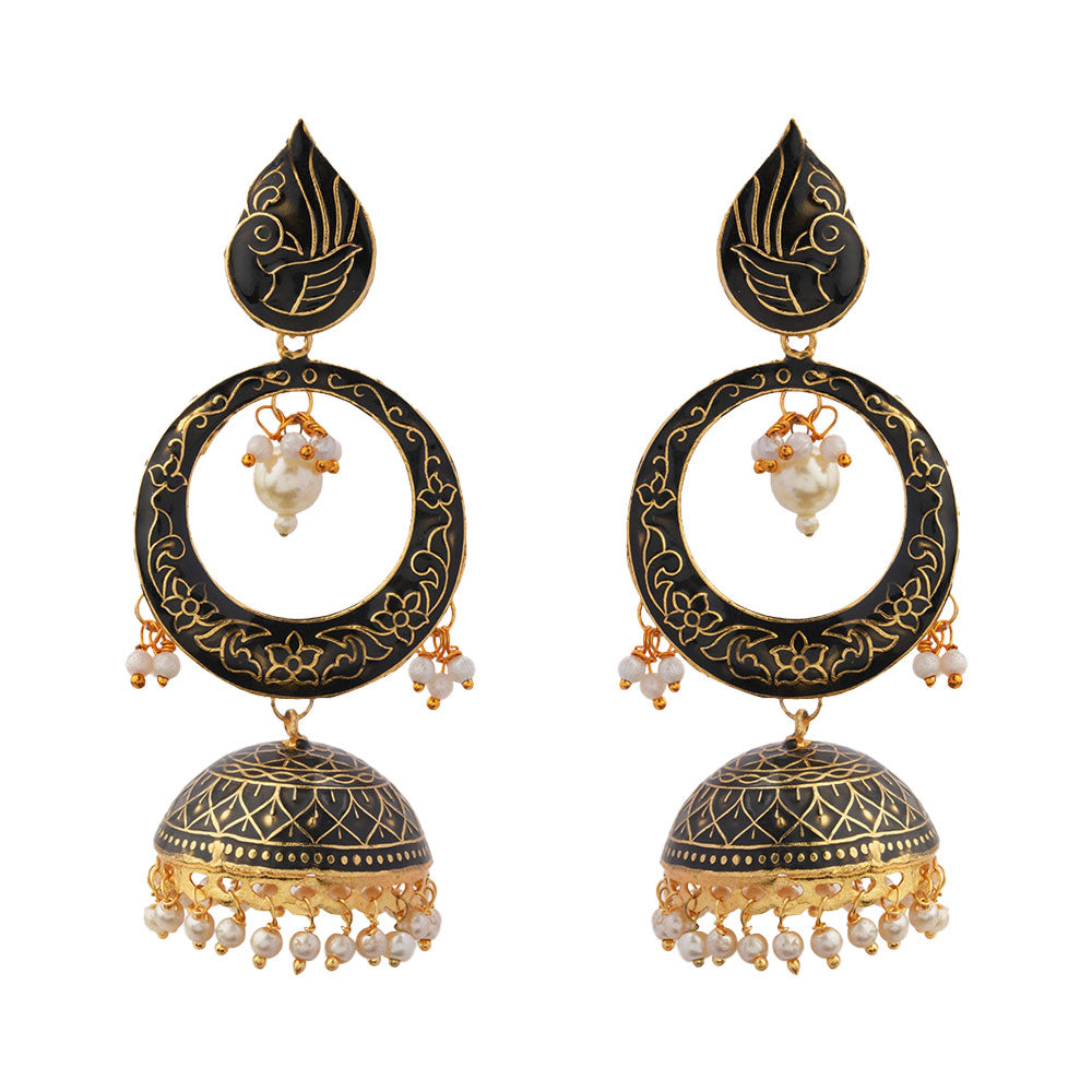 Heer- Stone Studded Hanging Pearl Jhumka Earrings (Black)