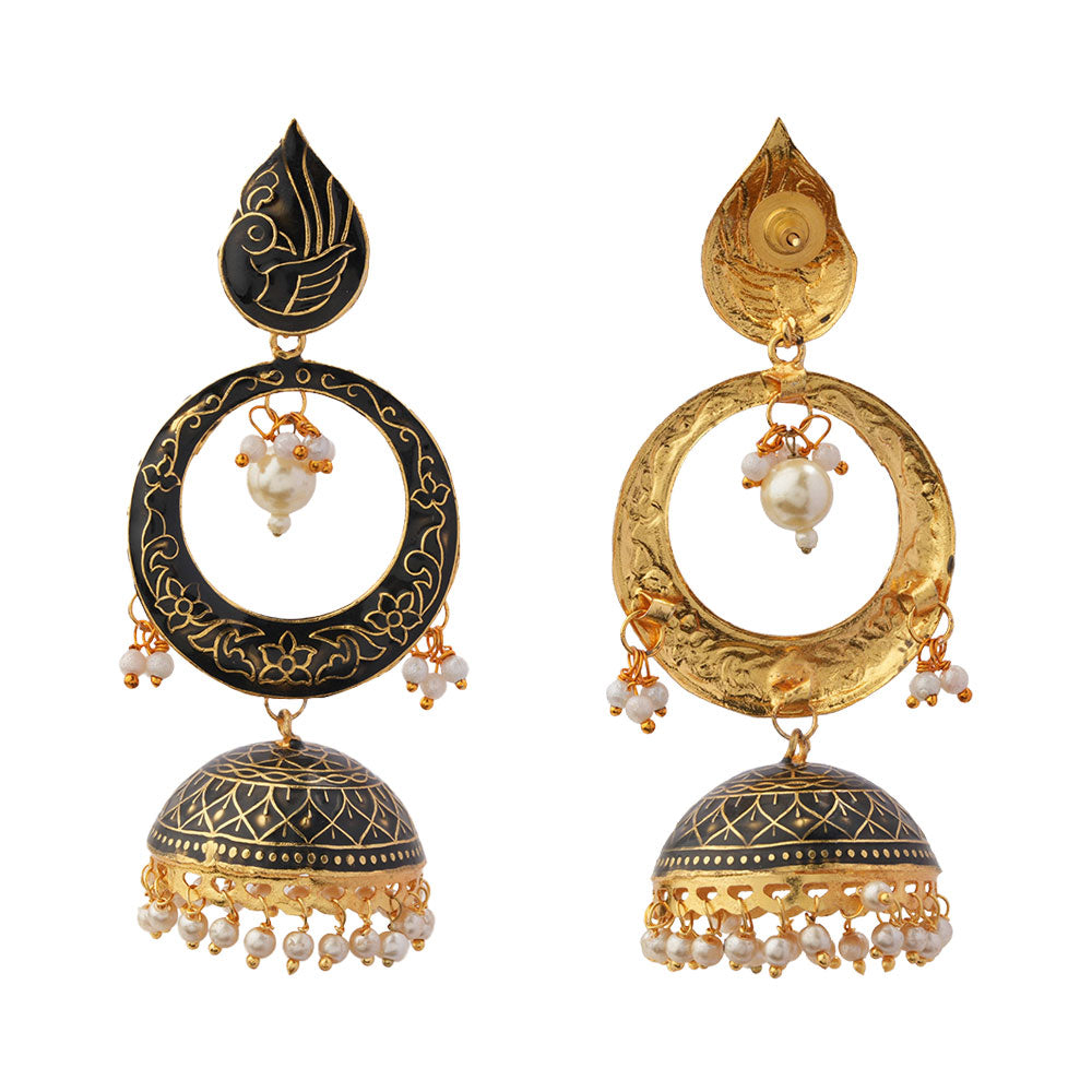 Heer- Stone Studded Hanging Pearl Jhumka Earrings (Black)