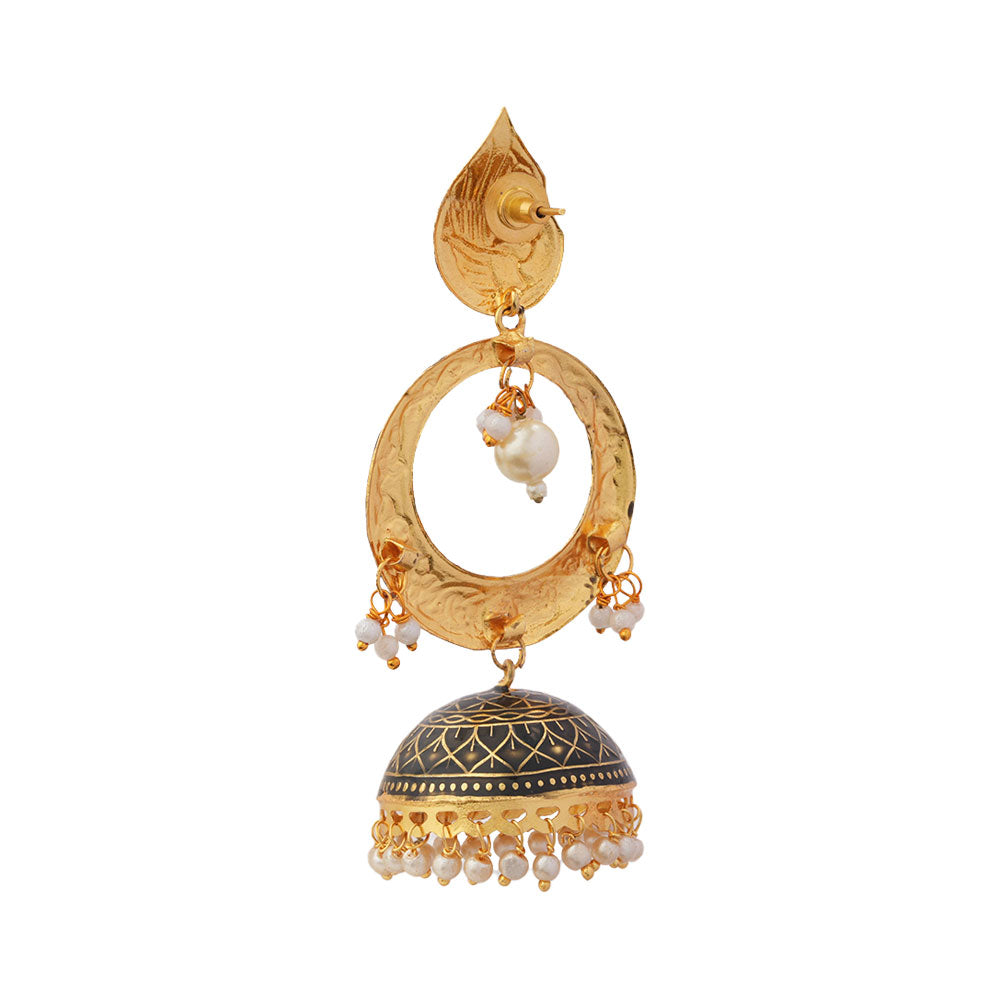 Heer- Stone Studded Hanging Pearl Jhumka Earrings (Black)