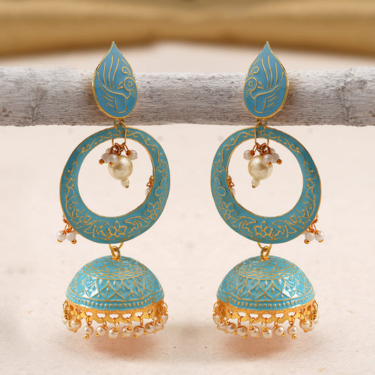 Heer- Stone Studded Hanging Pearl Jhumka Earrings (Sky Blue)