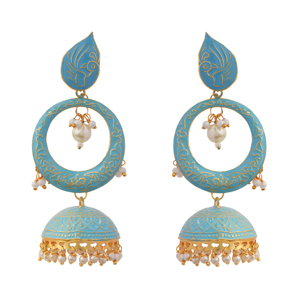 Heer- Stone Studded Hanging Pearl Jhumka Earrings (Sky Blue)