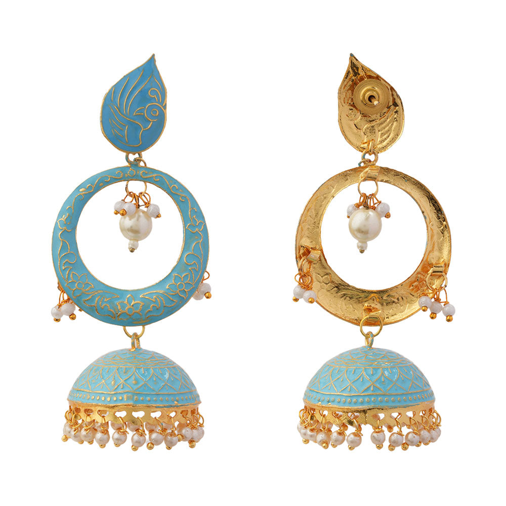 Heer- Stone Studded Hanging Pearl Jhumka Earrings (Sky Blue)