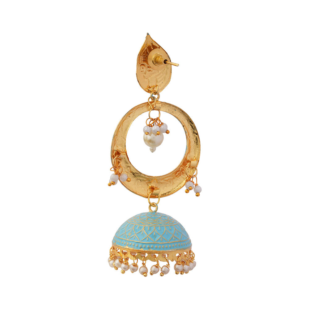 Heer- Stone Studded Hanging Pearl Jhumka Earrings (Sky Blue)