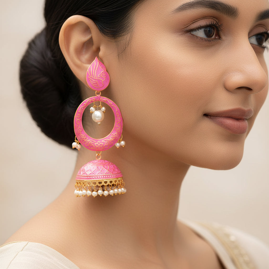 Heer- Stone Studded Hanging Pearl Jhumka Earrings (Pink)
