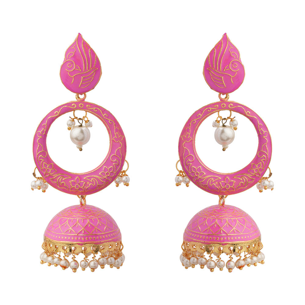 Heer- Stone Studded Hanging Pearl Jhumka Earrings (Pink)