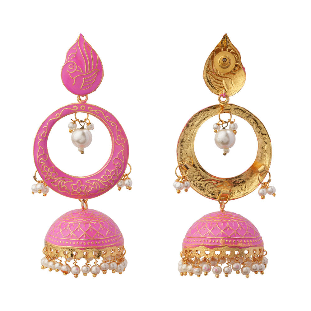Heer- Stone Studded Hanging Pearl Jhumka Earrings (Pink)