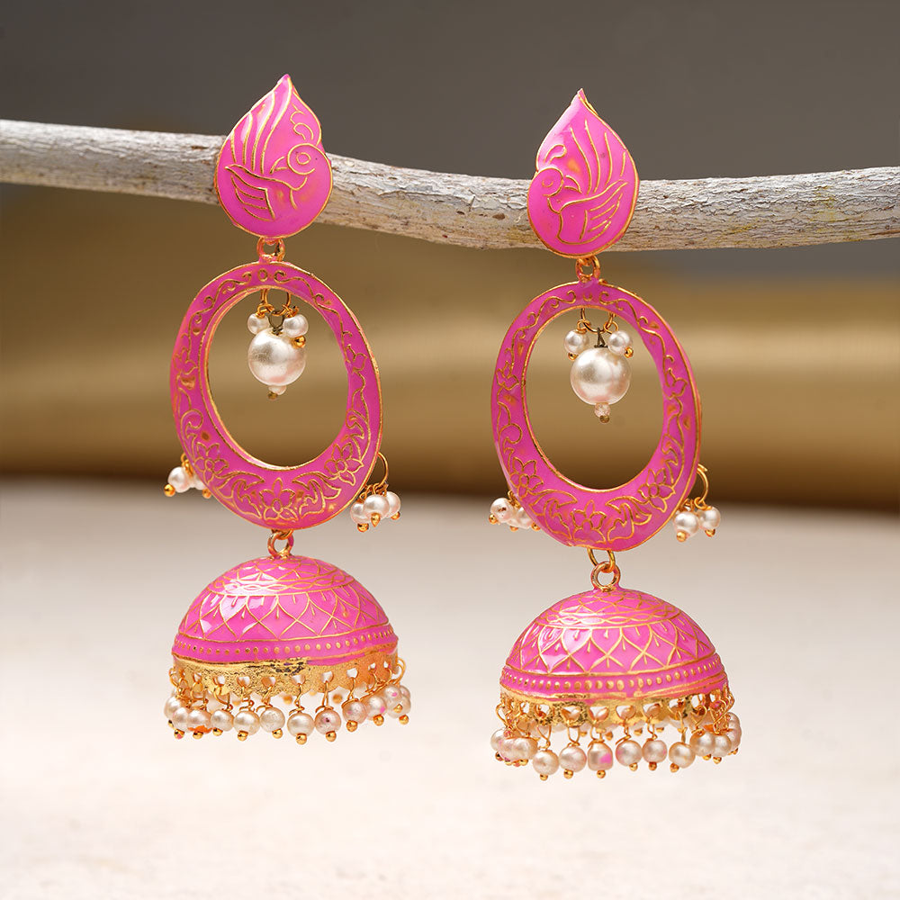 Heer- Stone Studded Hanging Pearl Jhumka Earrings (Pink)