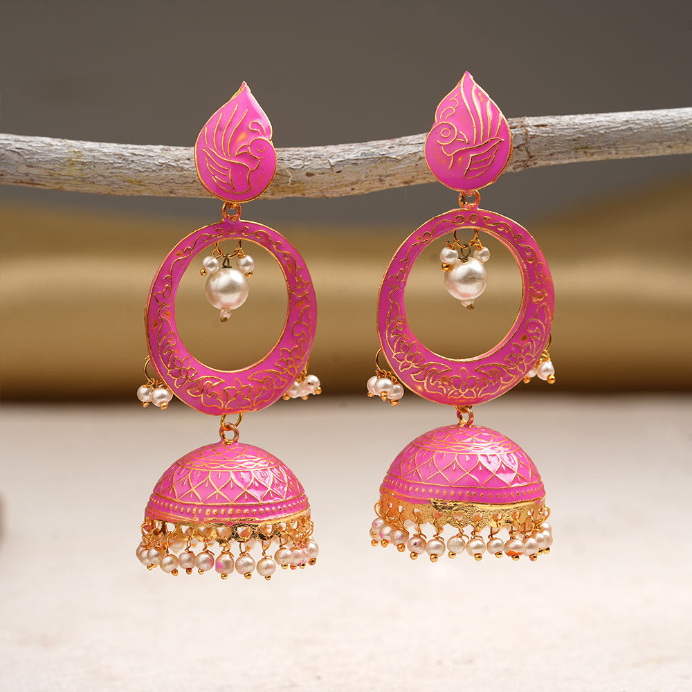 Heer- Stone Studded Hanging Pearl Jhumka Earrings (Pink)