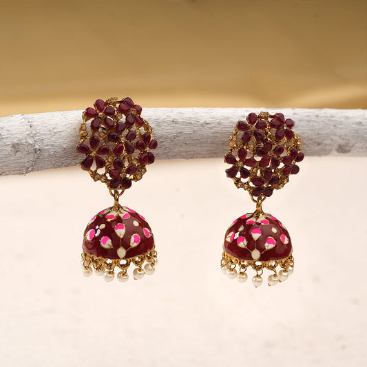 Heeya- Stone Studded Hanging Pearl Jhumka Earrings(Dak Maroon)