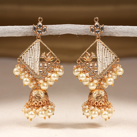 Jiya- Stone Studded Hanging Pearl Jhumki Earrings