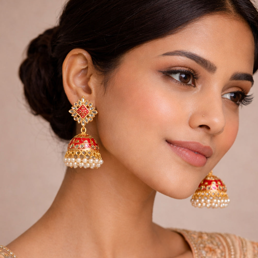 Juhi- Stone Studded Hanging Pearl Jhumki Earrings